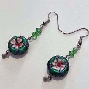 Green Floral Bead Dangle Earrings